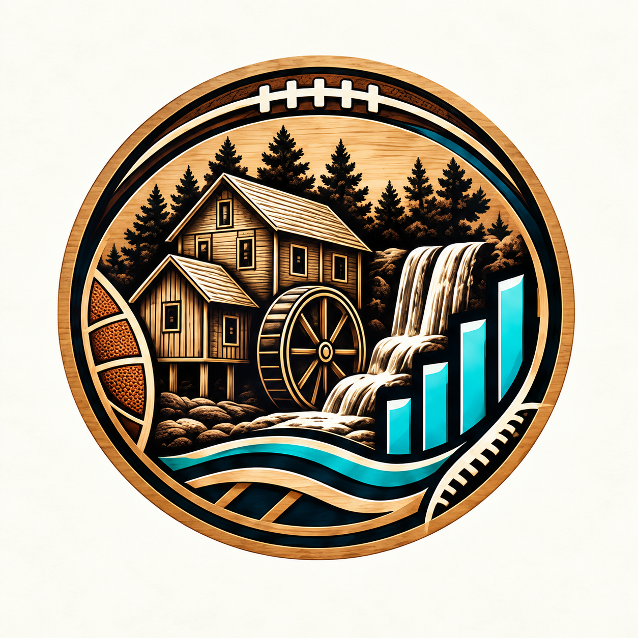 Old Mill Analytics mill, waterfall, and sports badge